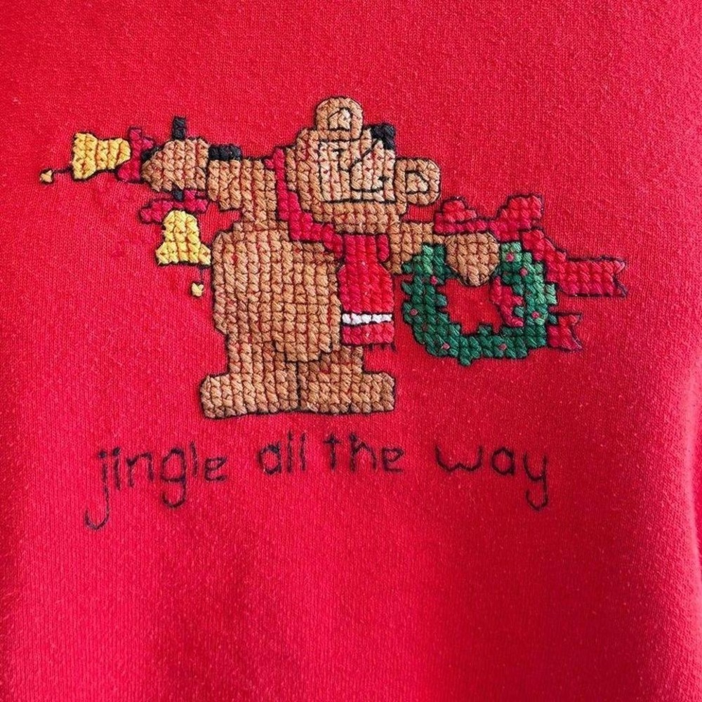 Vintage Russell Athletic Red Christmas Sweatshirt XL Jingle Cross-Stitch bear - Picture 2 of 8